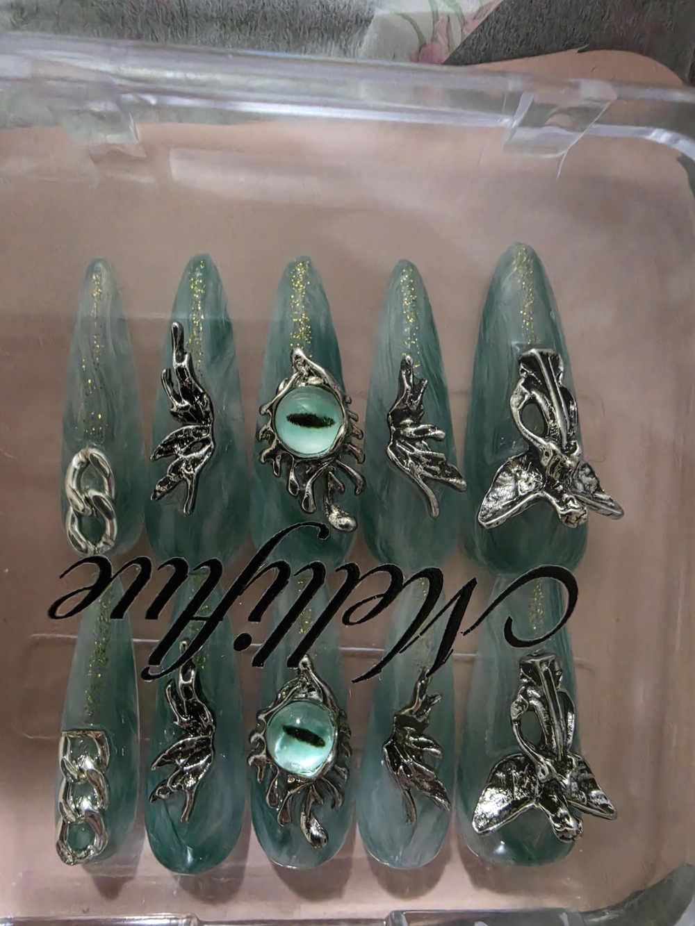 Handcrafted Green Marble Press-On Nails with Silver Accents